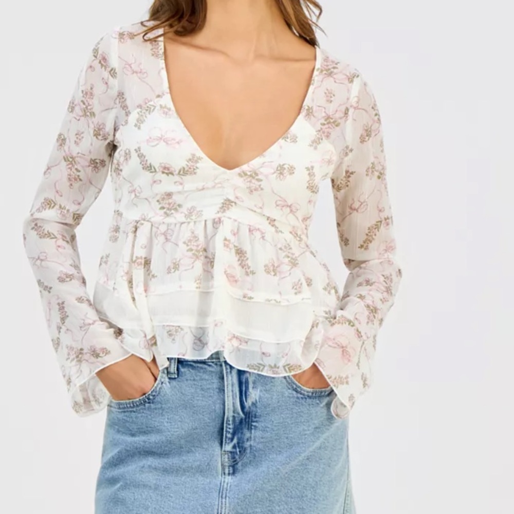 Self Esteem White Floral V-Neck Ruffle Peplum Blouse